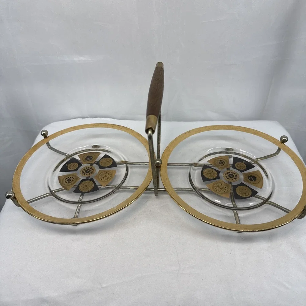 MCM Dual Platter Barware Black And Gold Timepiece‎ Design RARE